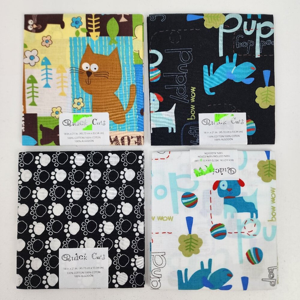 Quick Cuts 4 Fat Quarters 18x21" Dogs Cats Animal Paw Prints 100% Cotton Fabric